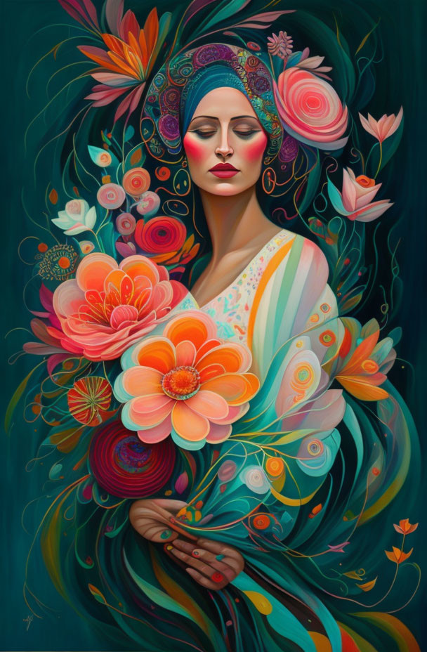 Serenity-themed artwork featuring a woman surrounded by vibrant floral designs