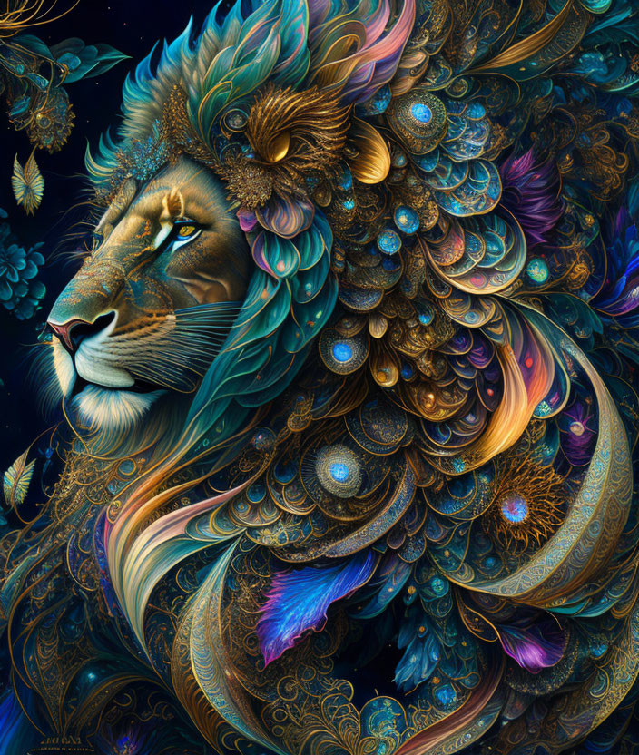 Colorful Lion Illustration with Ornate Feather-like Mane and Jewel-like Embellishments