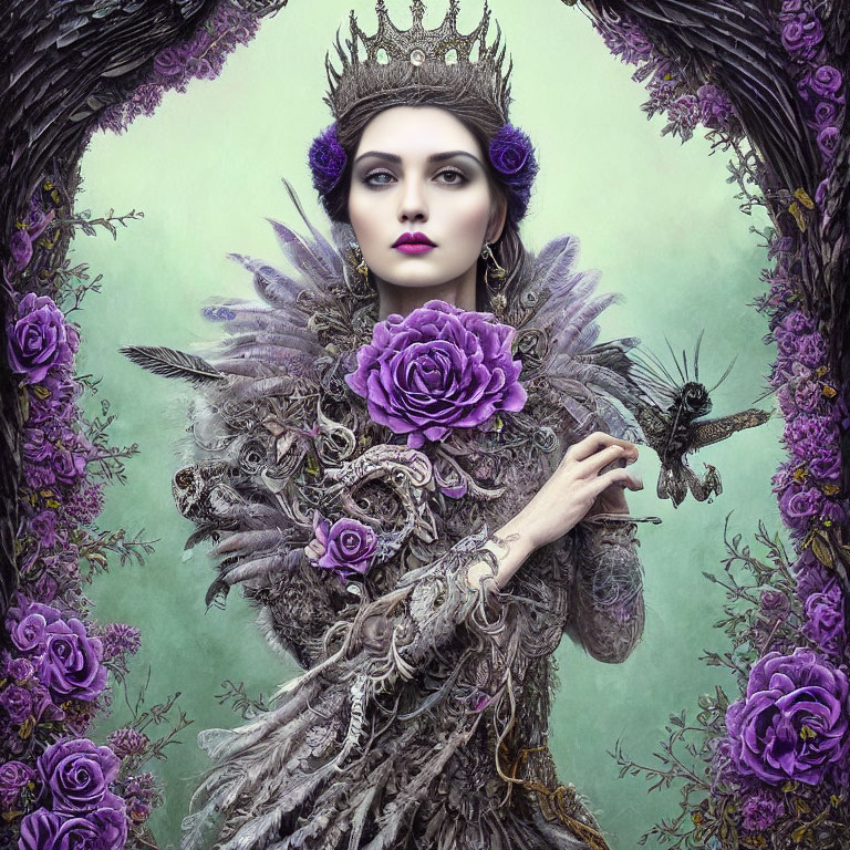 Woman with crown, feathers, roses, arch, and butterflies portrait.