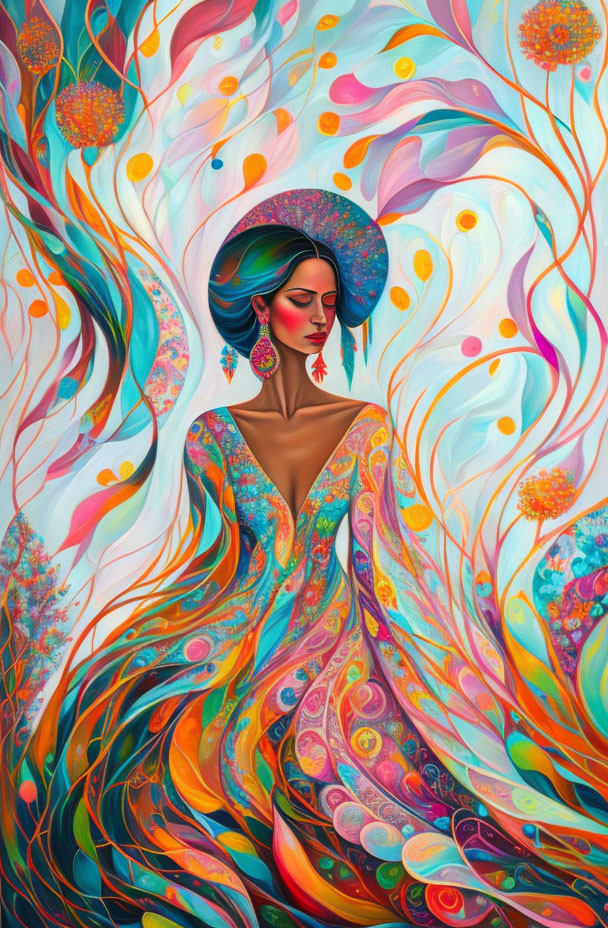 Colorful painting of woman in flowing garments with abstract floral patterns.