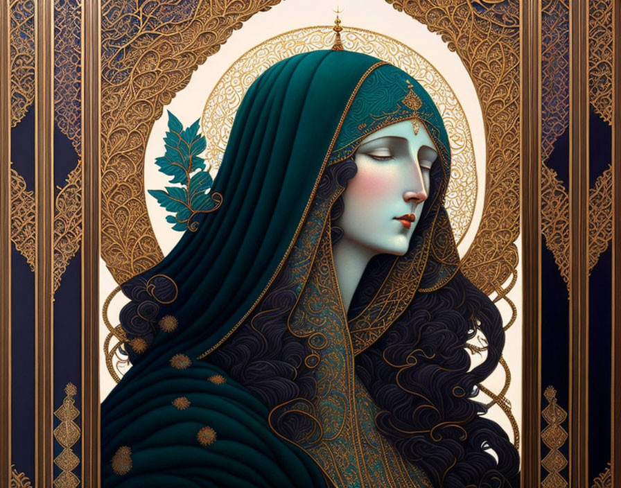 Illustrated Woman with Green Veil and Gold Patterns in Ornate Frame