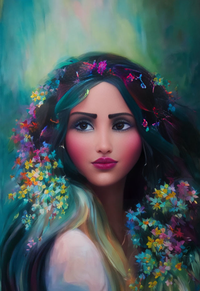 Multicolored hair woman with flowers against dreamlike backdrop