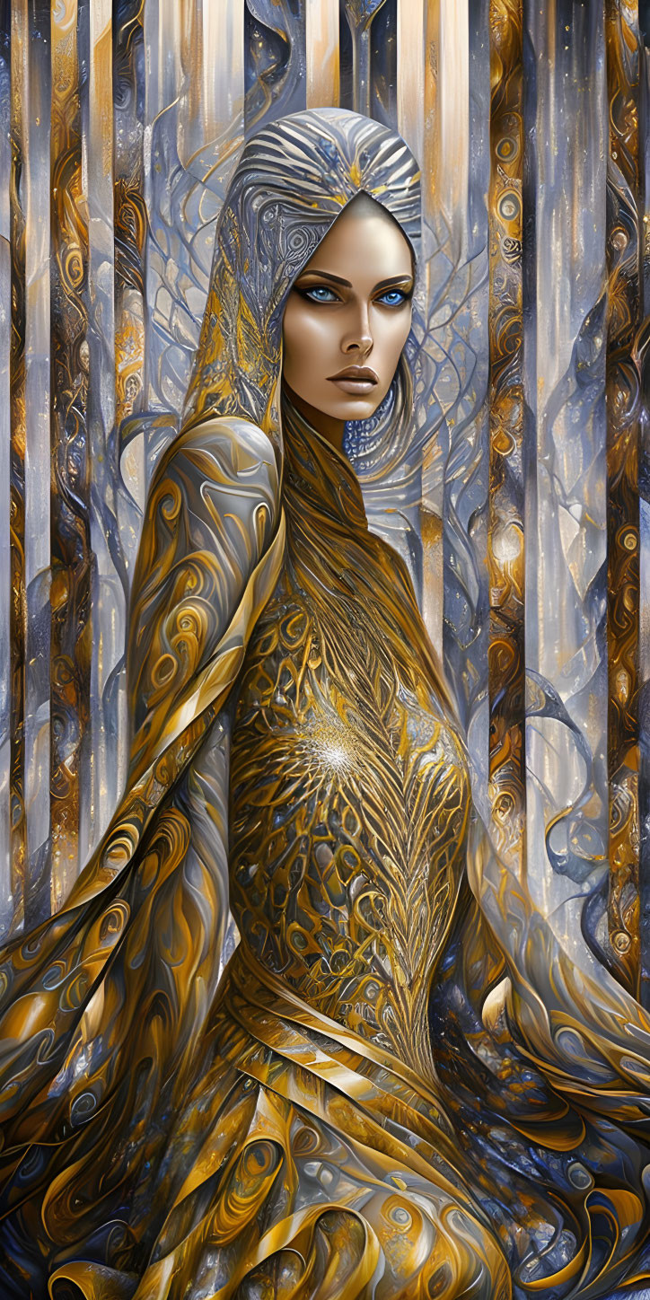 Woman with Striking Blue Eyes in Golden Robe and Headscarf Among Abstract Columns