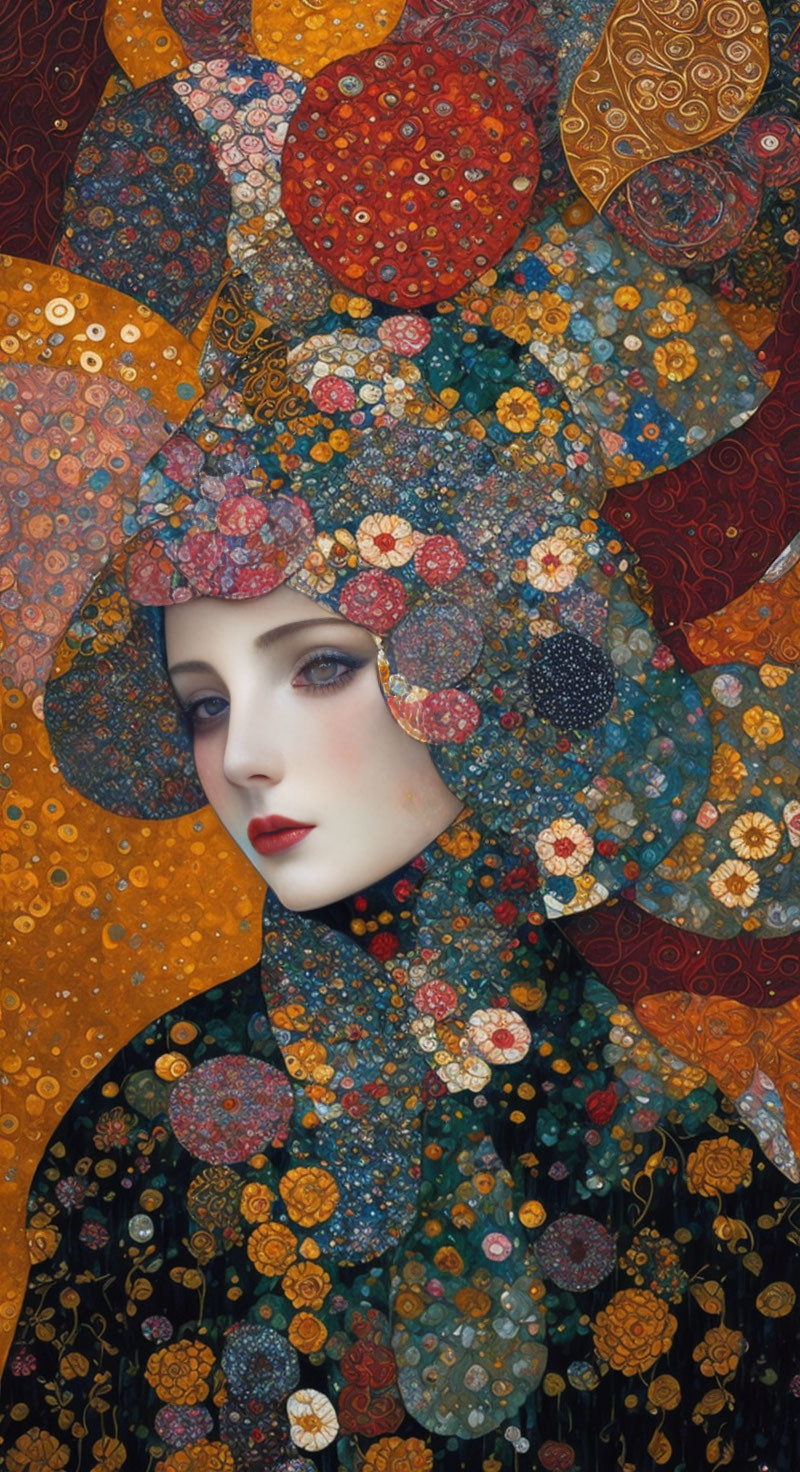 Colorful Art Nouveau-inspired portrait with floral motifs and intricate patterns.
