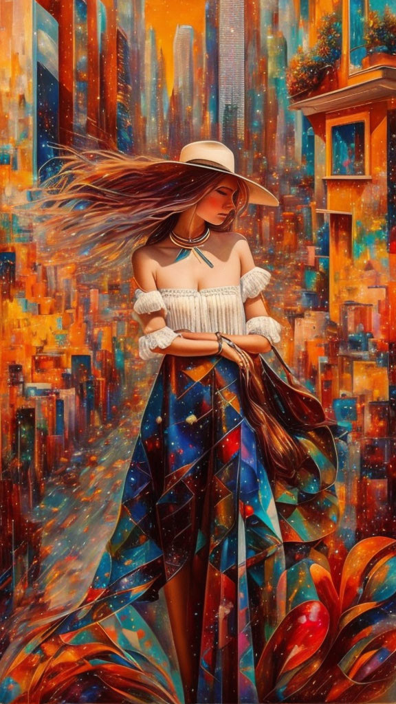 Fashionable woman in wide-brimmed hat and off-shoulder top against vibrant abstract cityscape