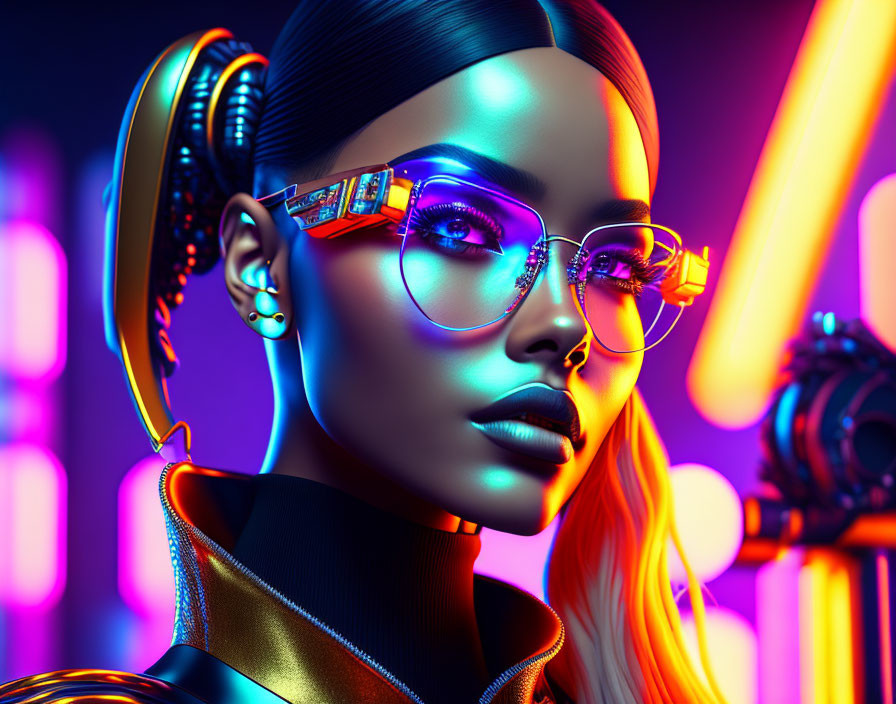 Futuristic female with cybernetic enhancements in neon-lit setting