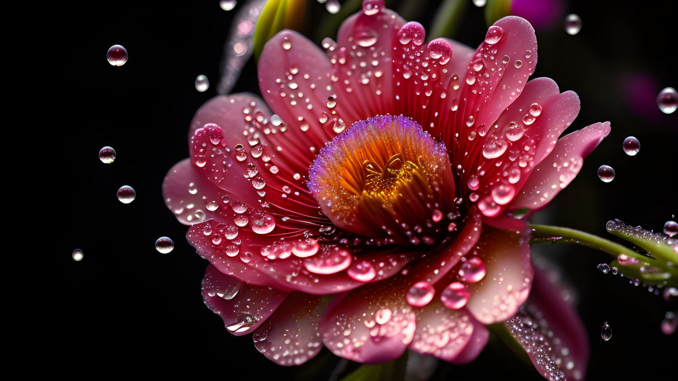 Pink flower with yellow center and water droplets on dark background