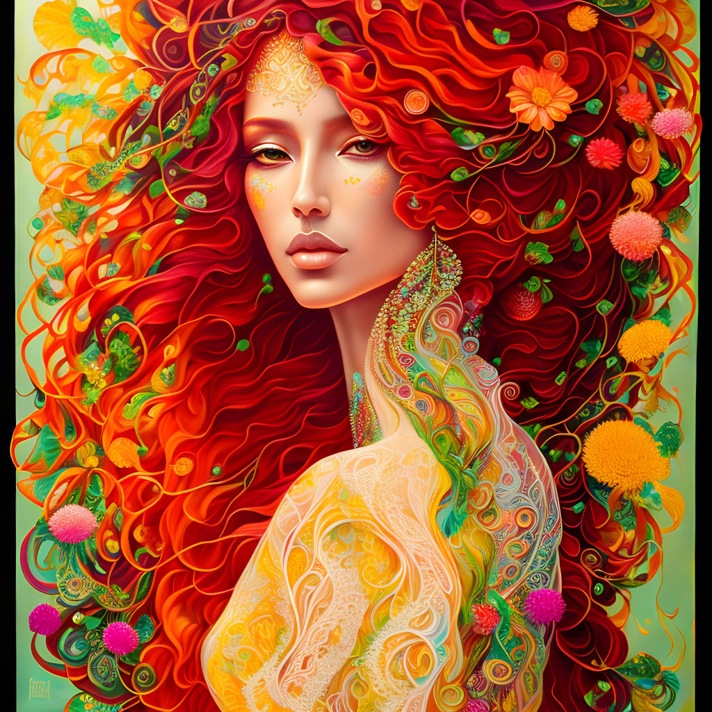Colorful artwork: Woman with red hair, floral adornments, golden patterns, and peacock feather