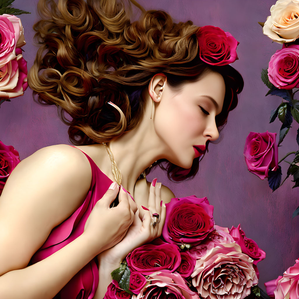 Woman in Pink Dress Surrounded by Pink Roses and Flowing Brown Hair