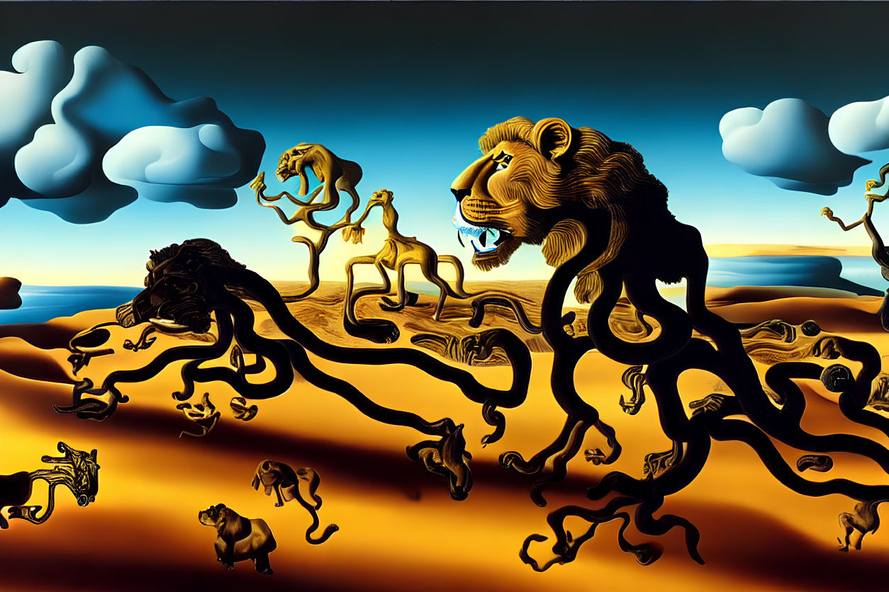 Surreal lion painting: intertwined bodies in black to gold, running in desert under whimsical blue