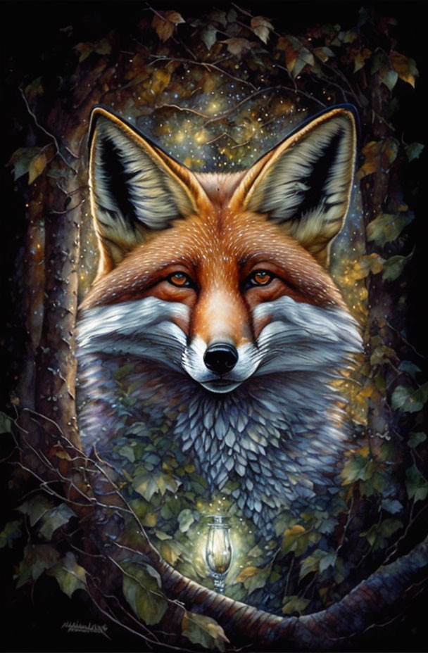 Vivid portrait of a fox with lantern in mystical setting