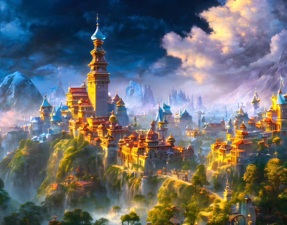 Fantasy Landscape with Illuminated Castles and Pagodas