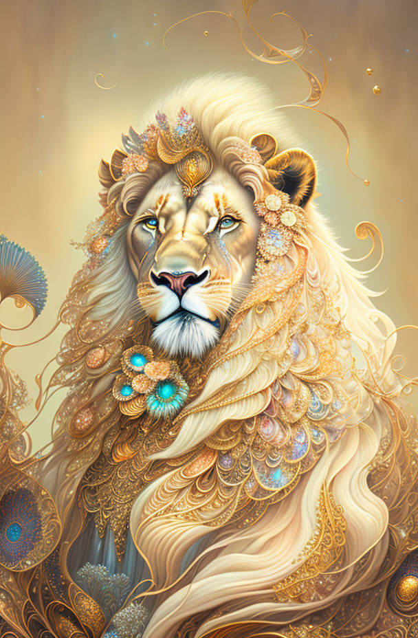 Majestic lion illustration with ornate mane and floral details