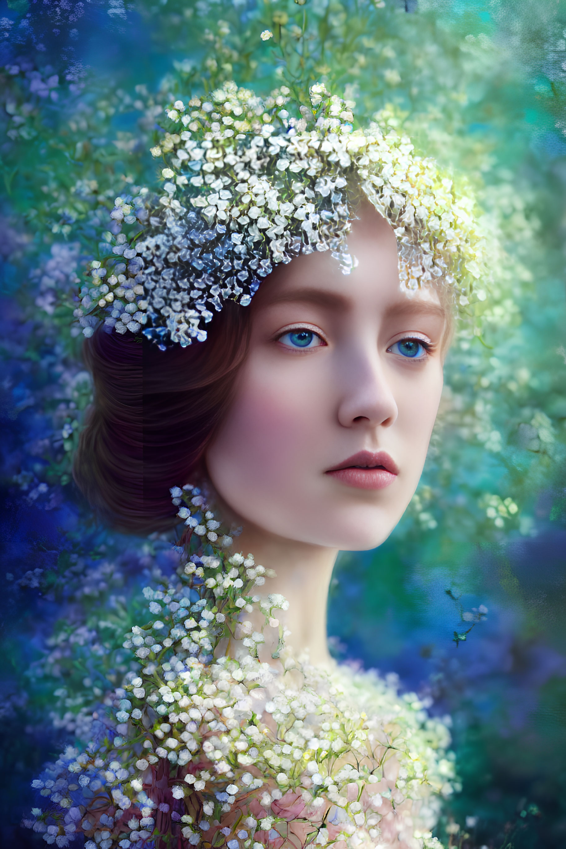Digital Artwork: Woman with Floral Crown in Blue-Toned Background
