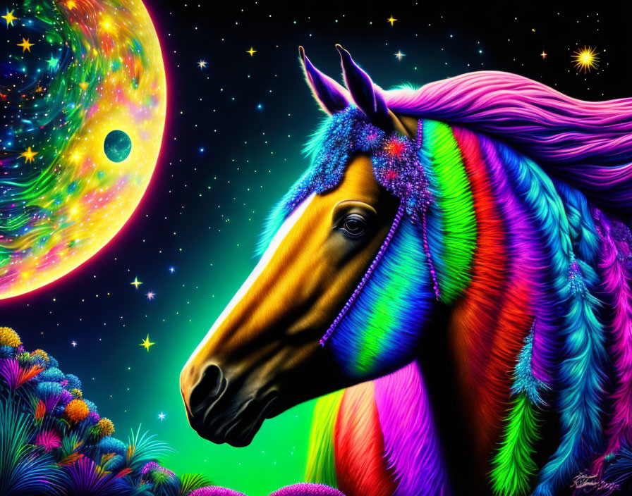 Colorful Unicorn Illustration with Rainbow Mane on Cosmic Background