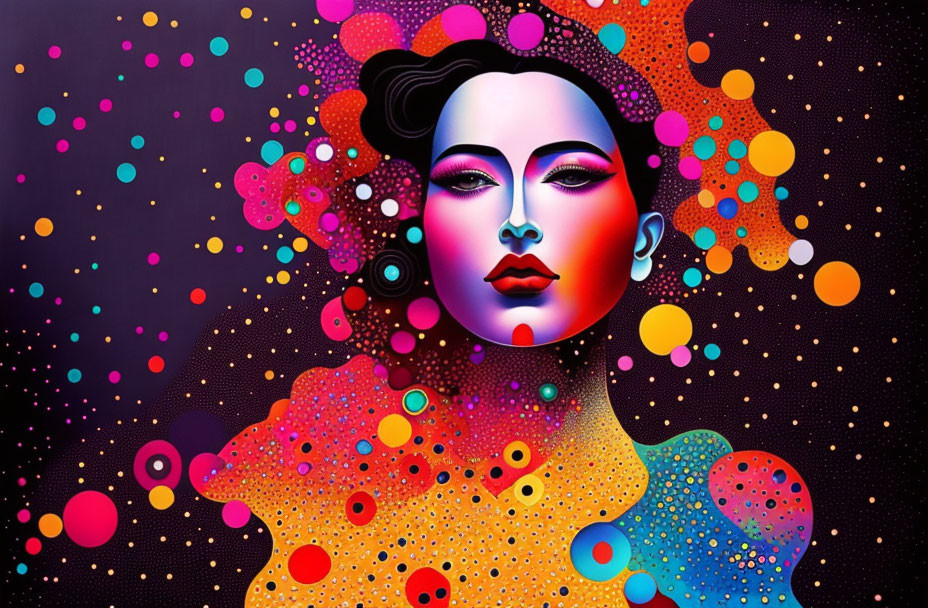 Colorful Stylized Portrait of Woman with Floating Orbs and Bubbles