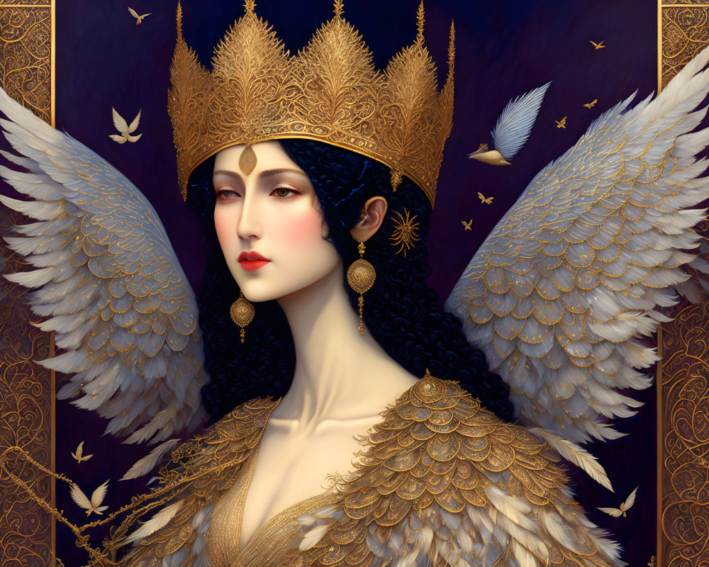 Regal figure with white wings and golden crown in purple backdrop