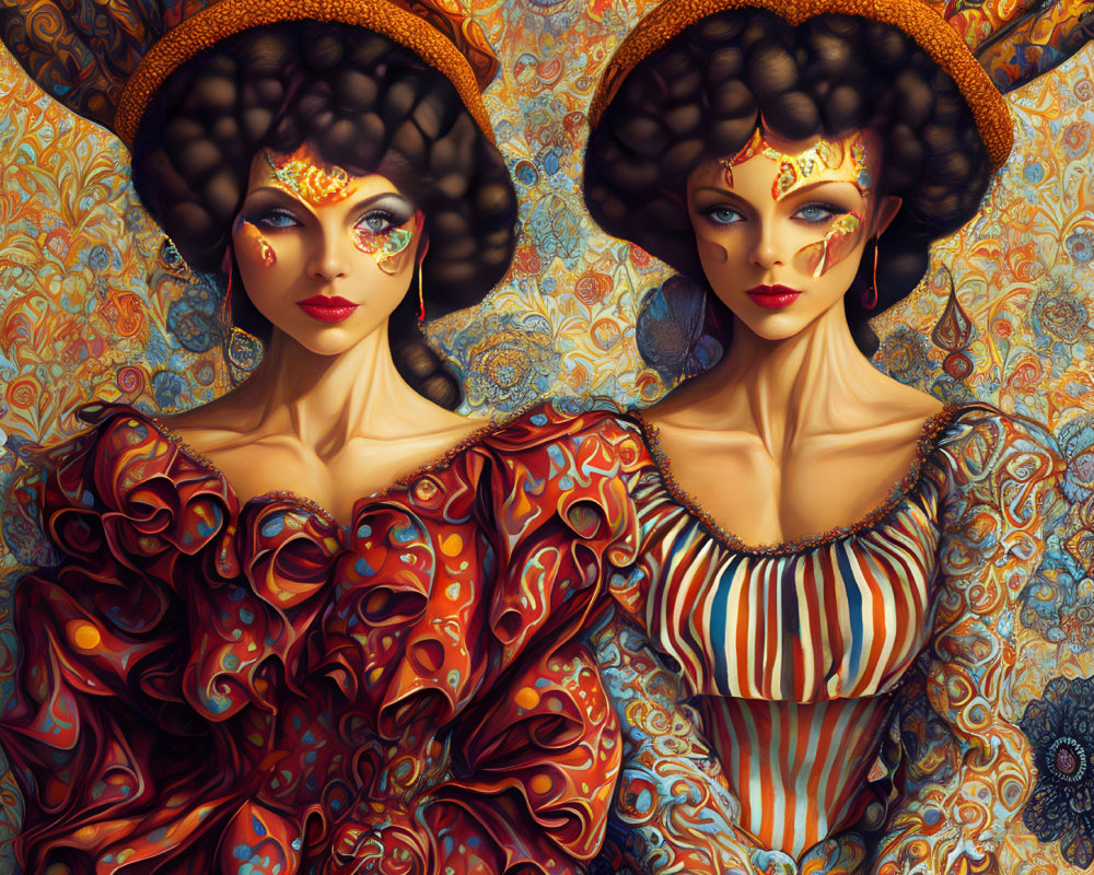 Stylized women with intricate headdresses and ornate clothing on patterned background
