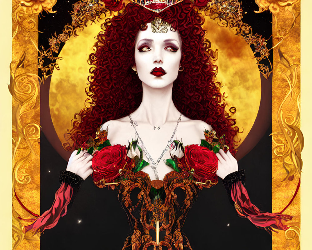 Regal Figure with Red Hair, Crown, and Rose Dress in Golden Frame