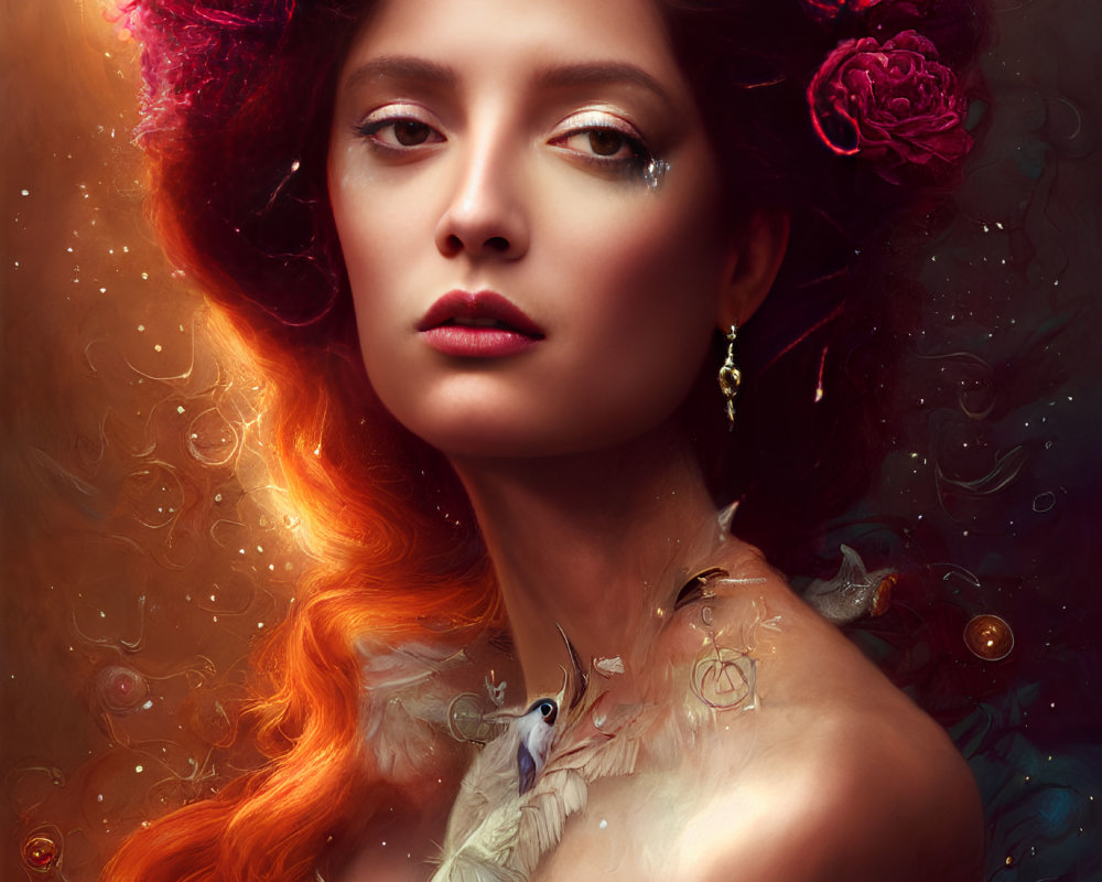 Regal woman with golden crown and fiery hair amidst mystical glow