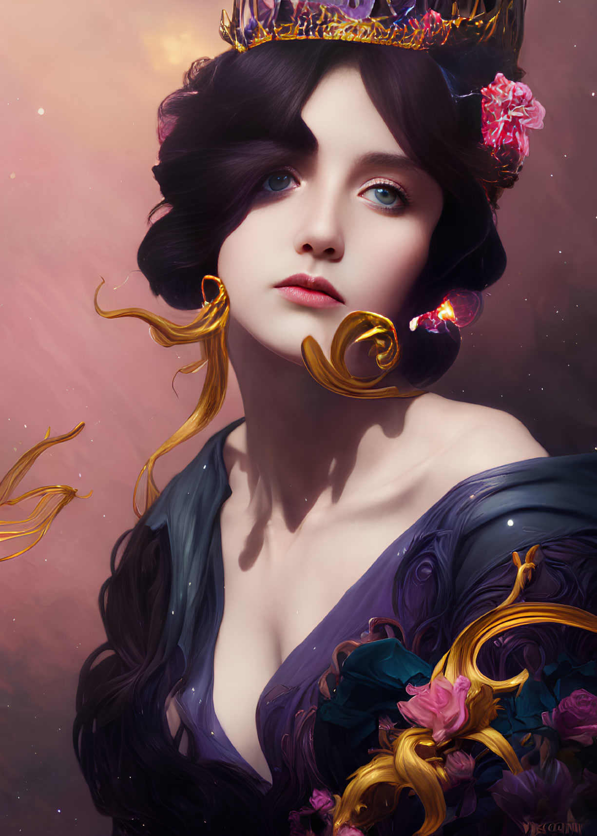 Woman with Crown in Digital Portrait Surrounded by Golden Swirls and Flowers