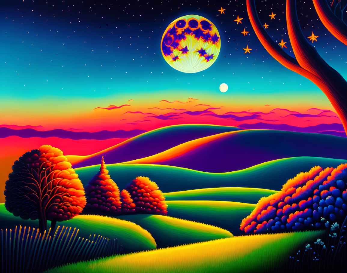 Colorful surreal landscape with rolling hills, starlit sky, and patterned moon.