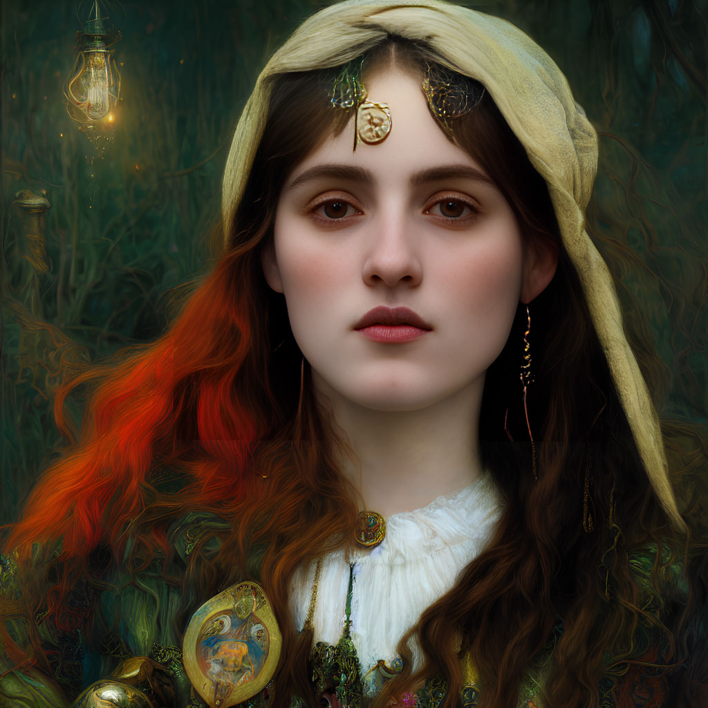 Young Woman with Striking Red Hair and Golden Jewelry in Mystical Green Setting