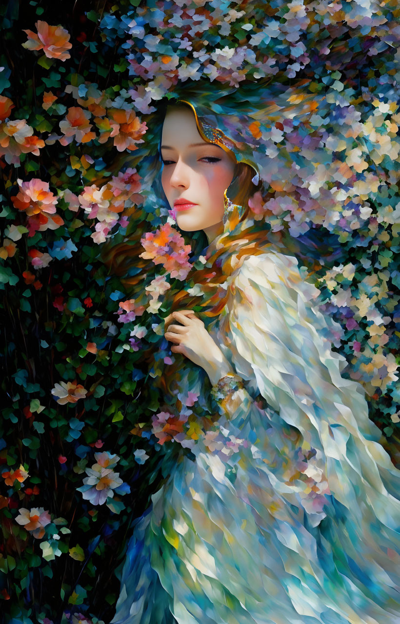 Portrait of Woman in Floral Headscarf and Pastel Cloak Among Multicolored Flowers