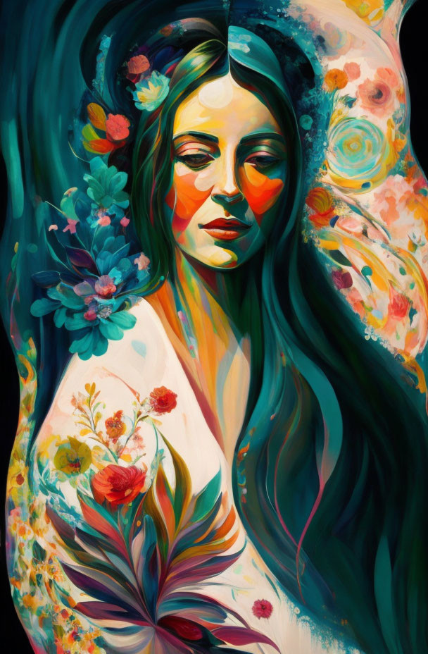Colorful Painting of Woman with Floral Patterns in Abstract Background
