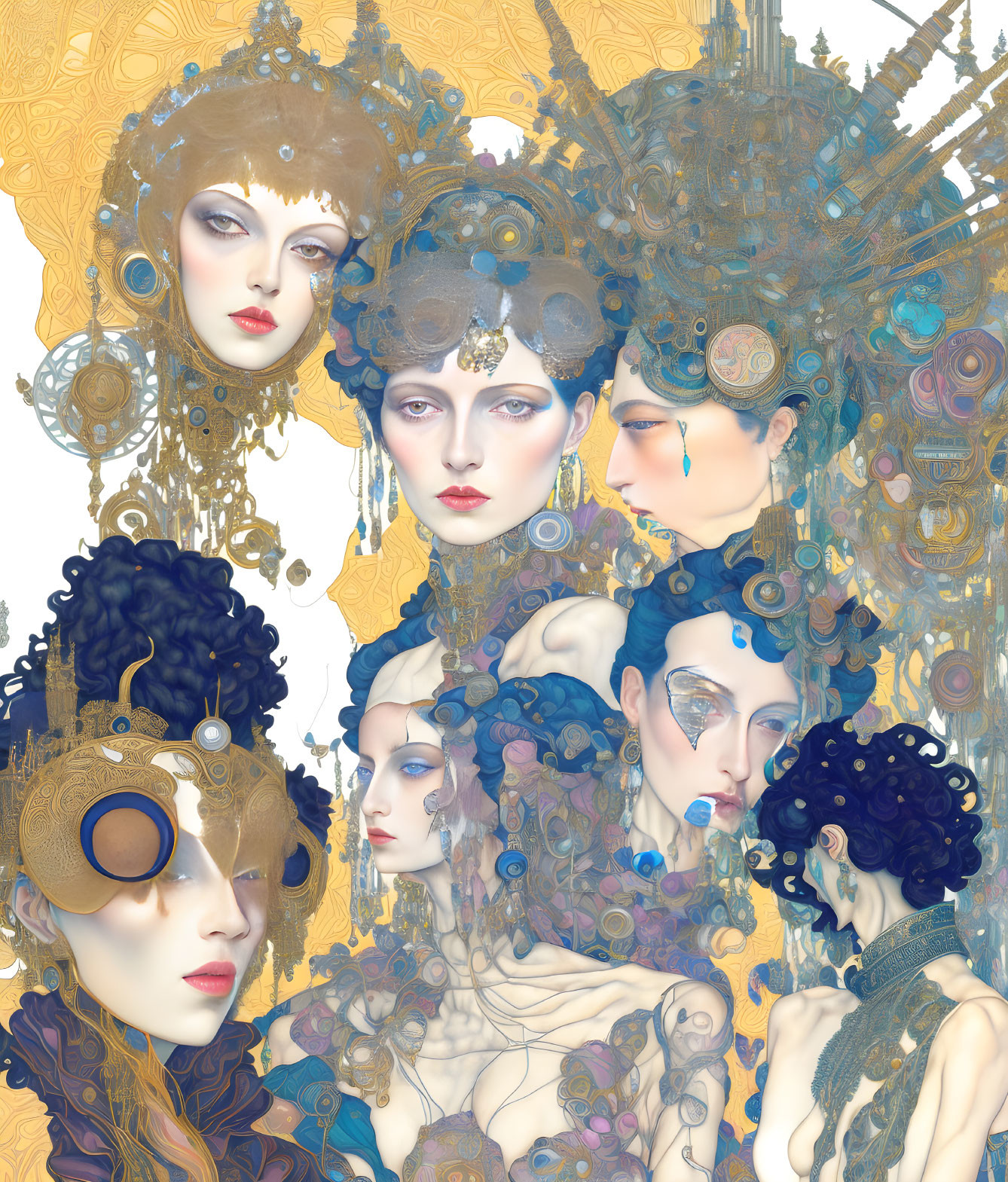 Stylized female figures with ornate headdresses in gold, blue, and cream palette
