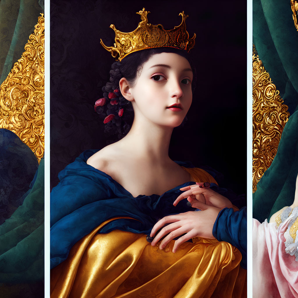 Renaissance-style woman portrait in blue and gold dress