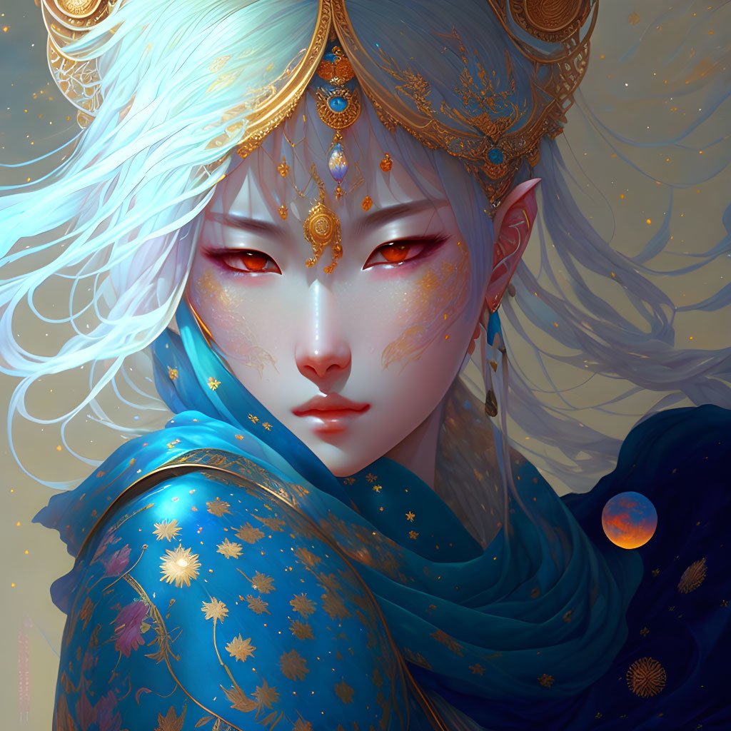 Fantastical being with pale skin, pointed ears, white hair, blue and gold celestial attire.