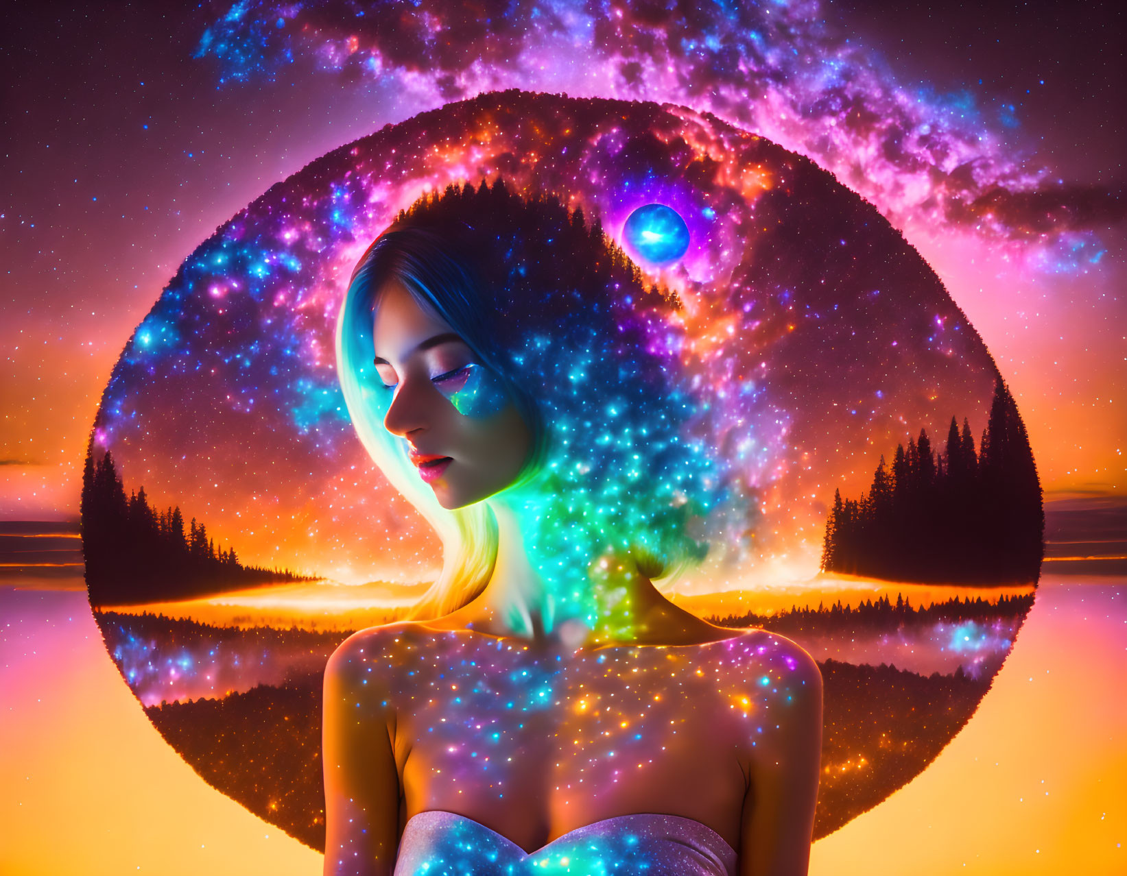 Surreal composite: Woman's silhouette with cosmic and forest backdrop