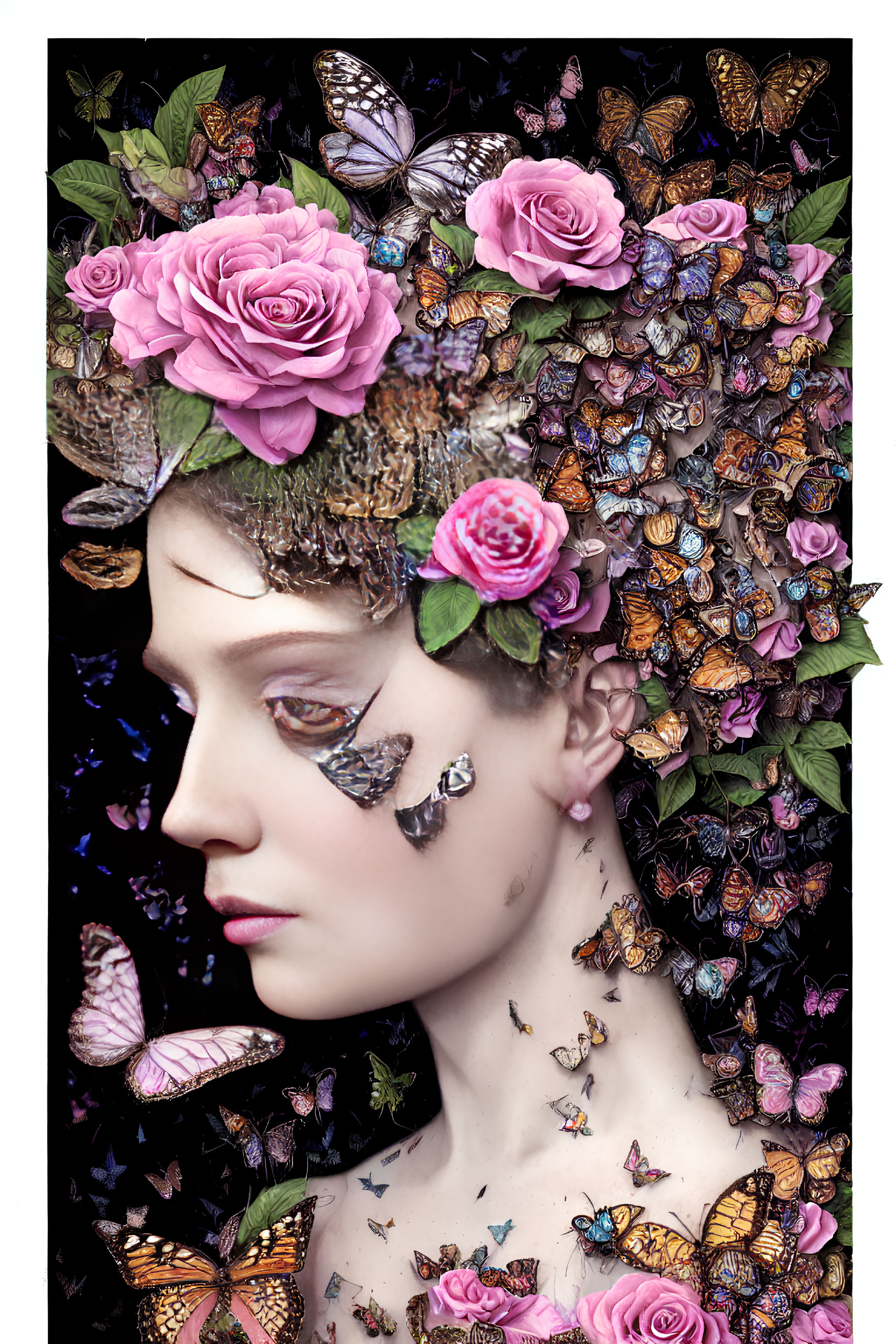 Surreal portrait of woman with pink roses and butterflies for a dreamlike vibe