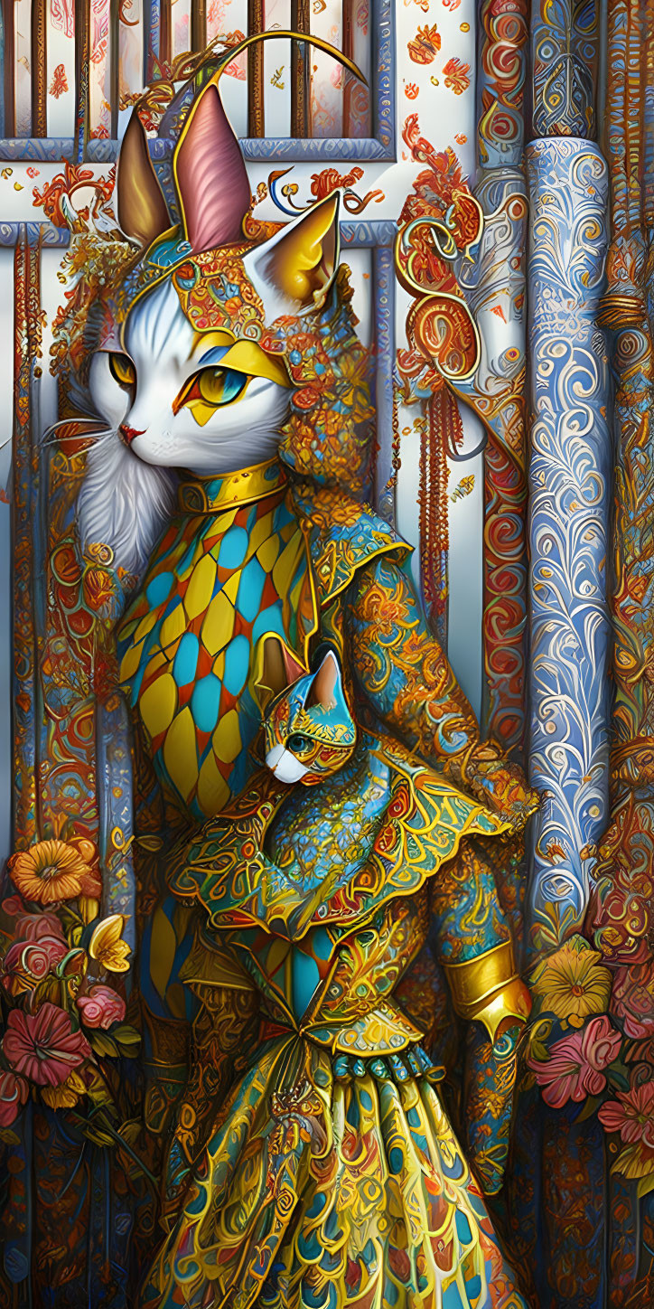 Colorful Anthropomorphic Cat in Regal Attire Against Detailed Columns