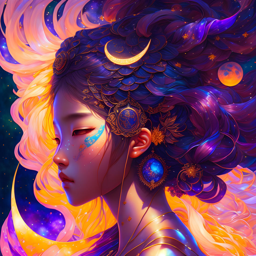 Cosmic-themed girl illustration with celestial hair and gold accents