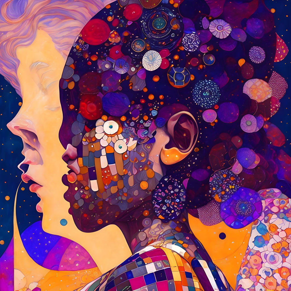 Cosmic-themed artwork with two profiles and celestial elements