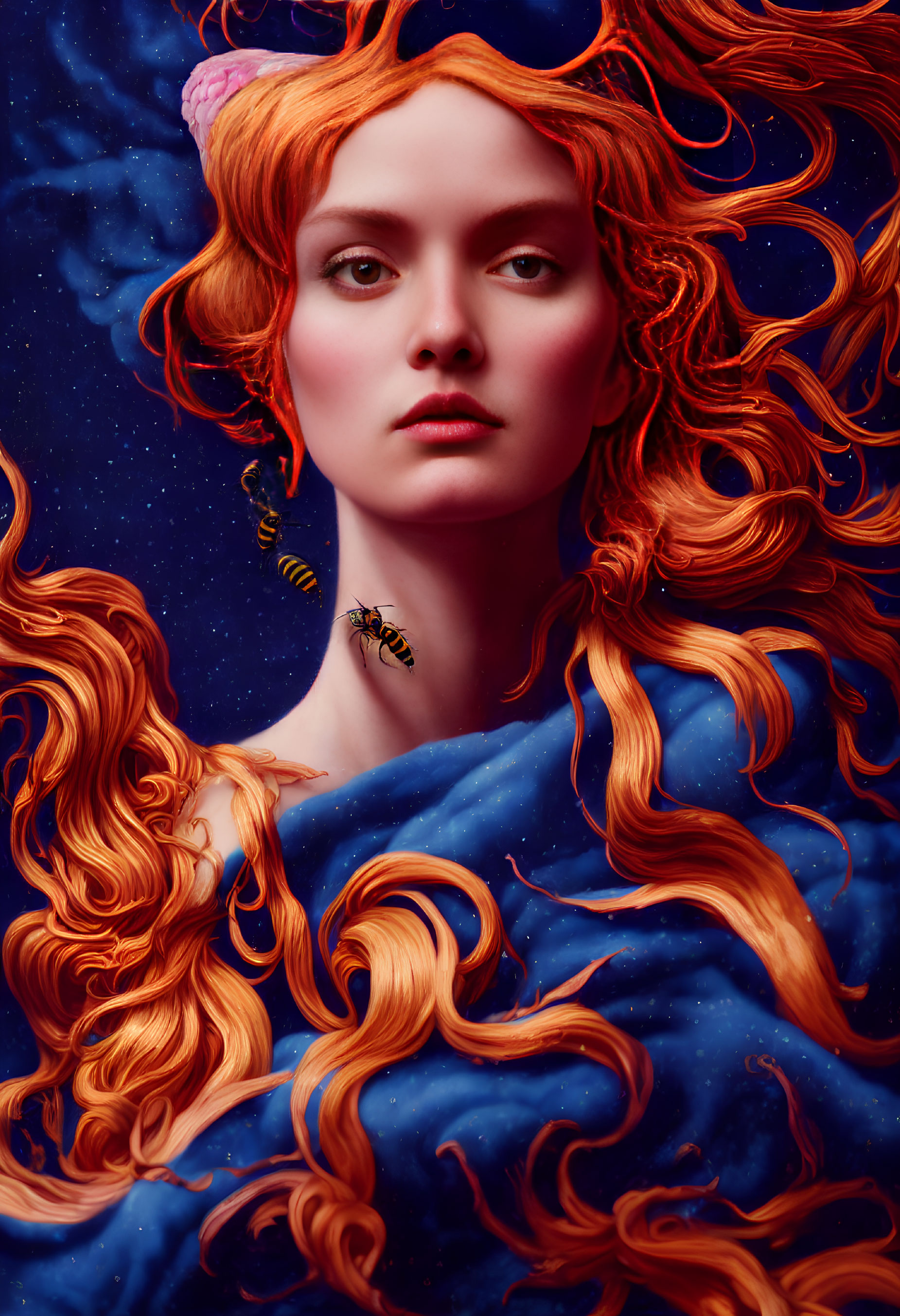 Red-haired woman with swirling hair and bee on shoulder against starry blue backdrop