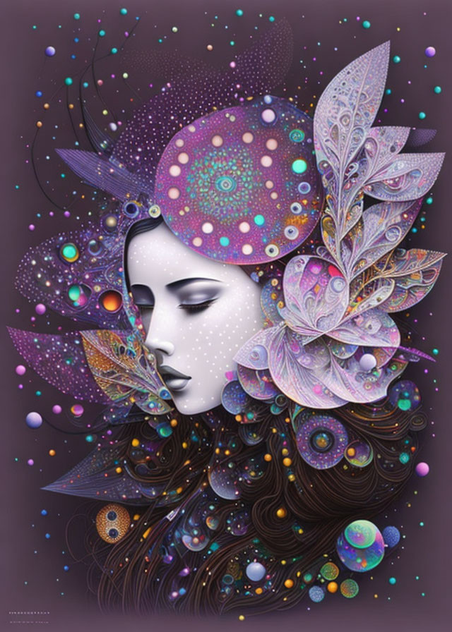 Surrealist portrait of woman with cosmic and floral patterns