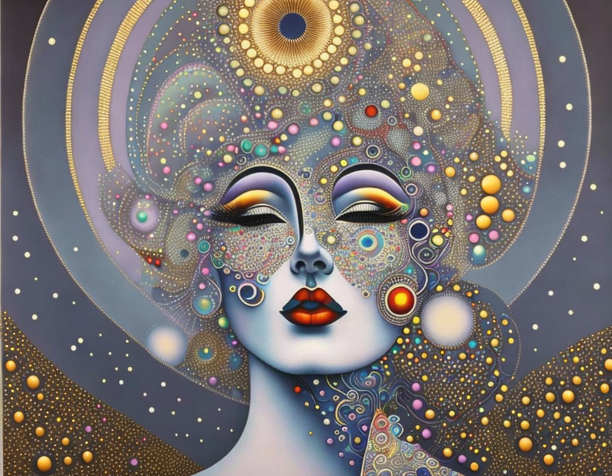 Colorful surreal portrait of a woman's face with closed eyes and cosmic motifs