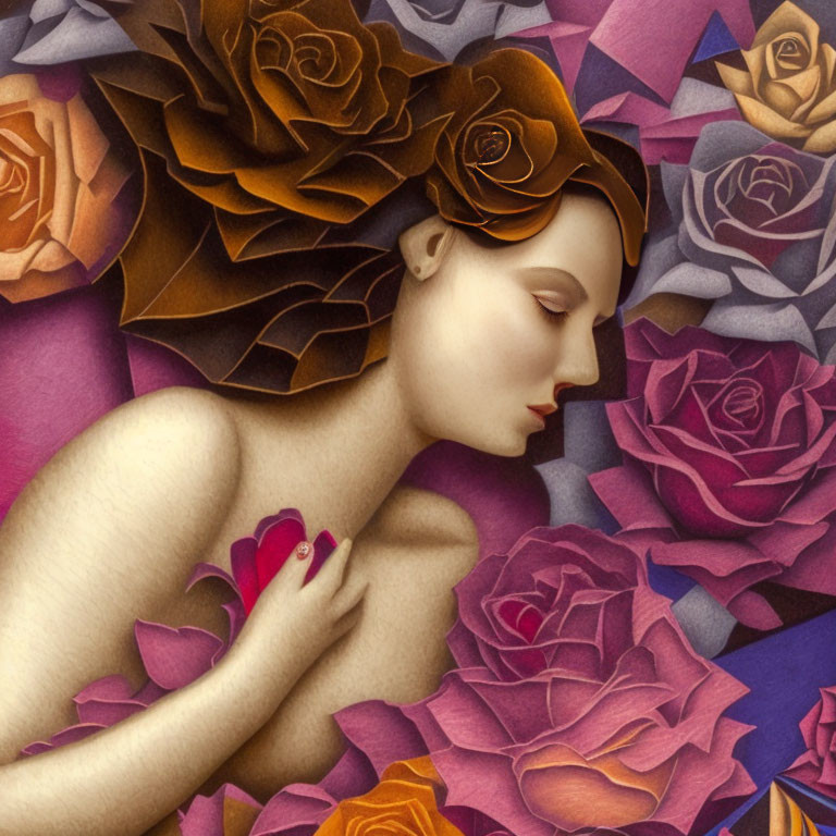 Illustration of Woman with Rose Petal Hair & Colorful Roses