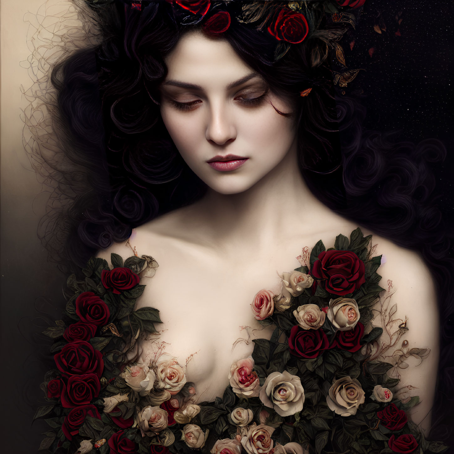Portrait of woman with dark hair and red roses on shoulders against dark background