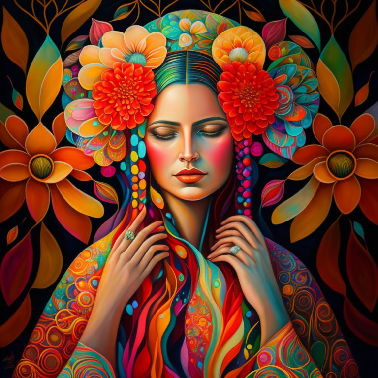 Colorful artwork of woman with floral patterns in lush setting
