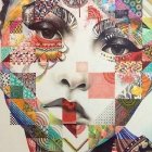 Abstract portrait of woman with mosaic patterns blending realism and surreal elements