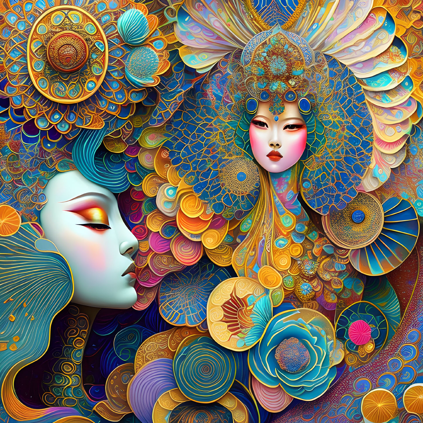 Colorful digital artwork with stylized faces and intricate patterns