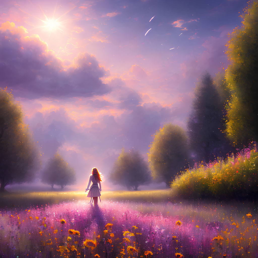 Dreamy meadow with vibrant flowers, trees, radiant sun, shooting stars