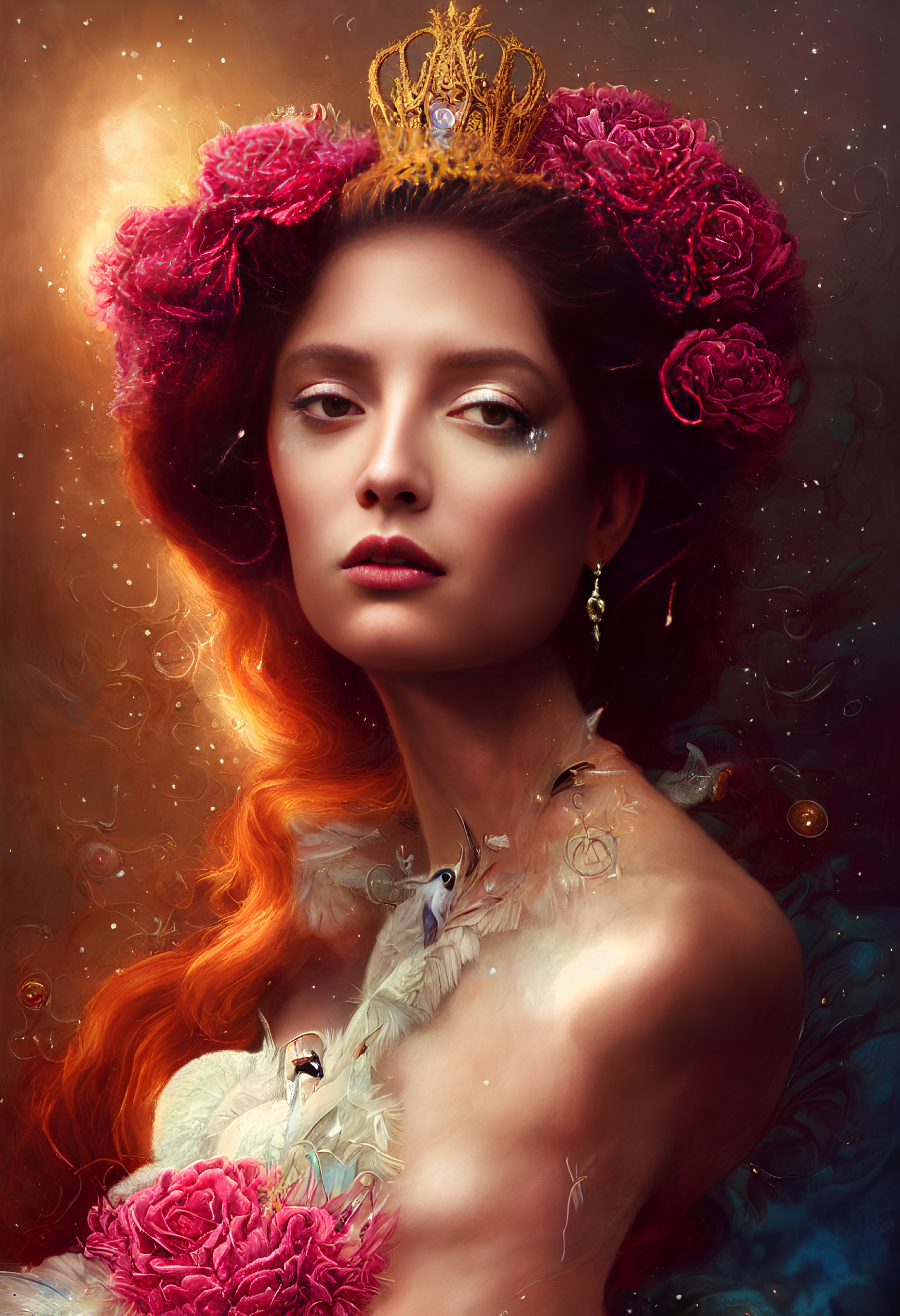 Regal woman with golden crown and fiery hair amidst mystical glow