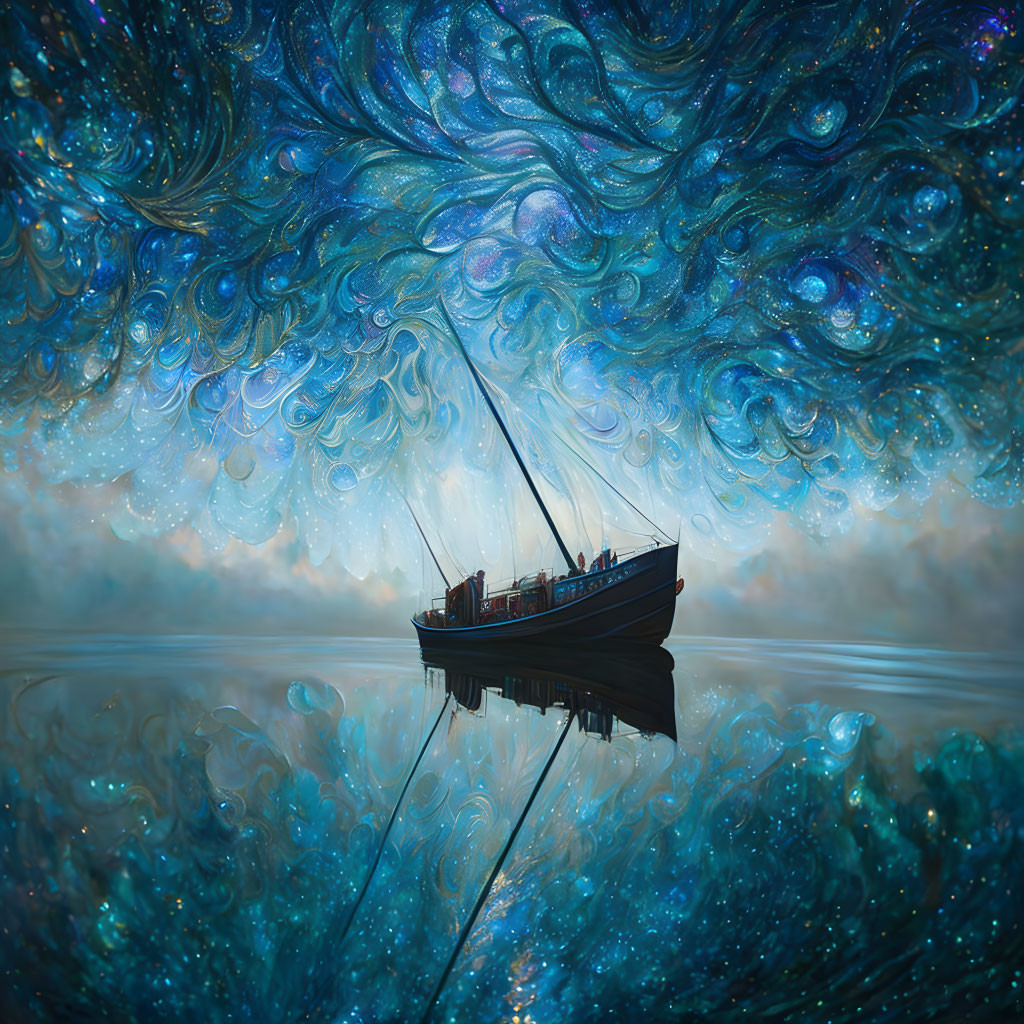 Boat floating on mirror-like surface under swirling blue sky