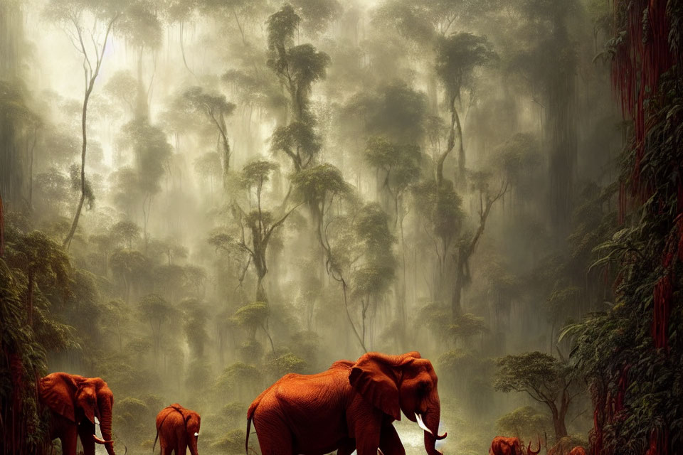 Herd of elephants walking in misty forest