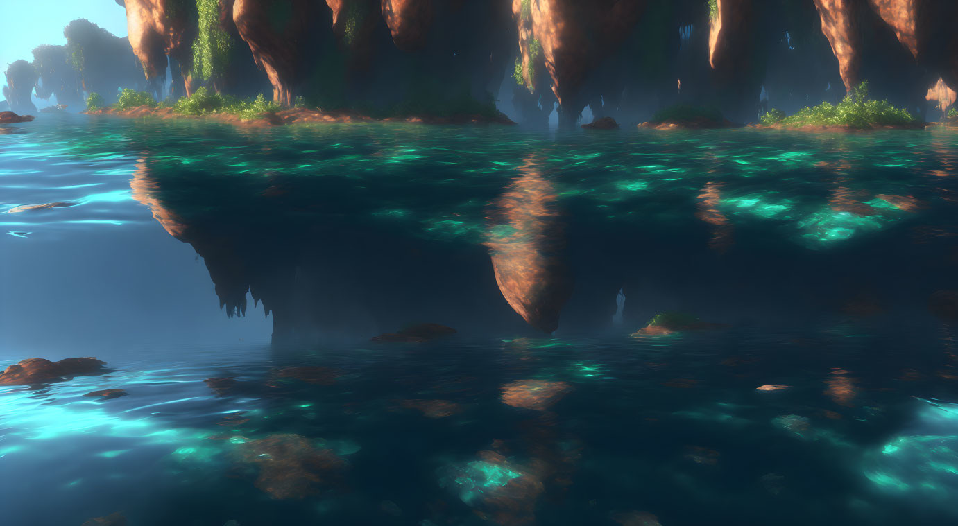 Underwater Scene with Rock Formations and Ethereal Glow